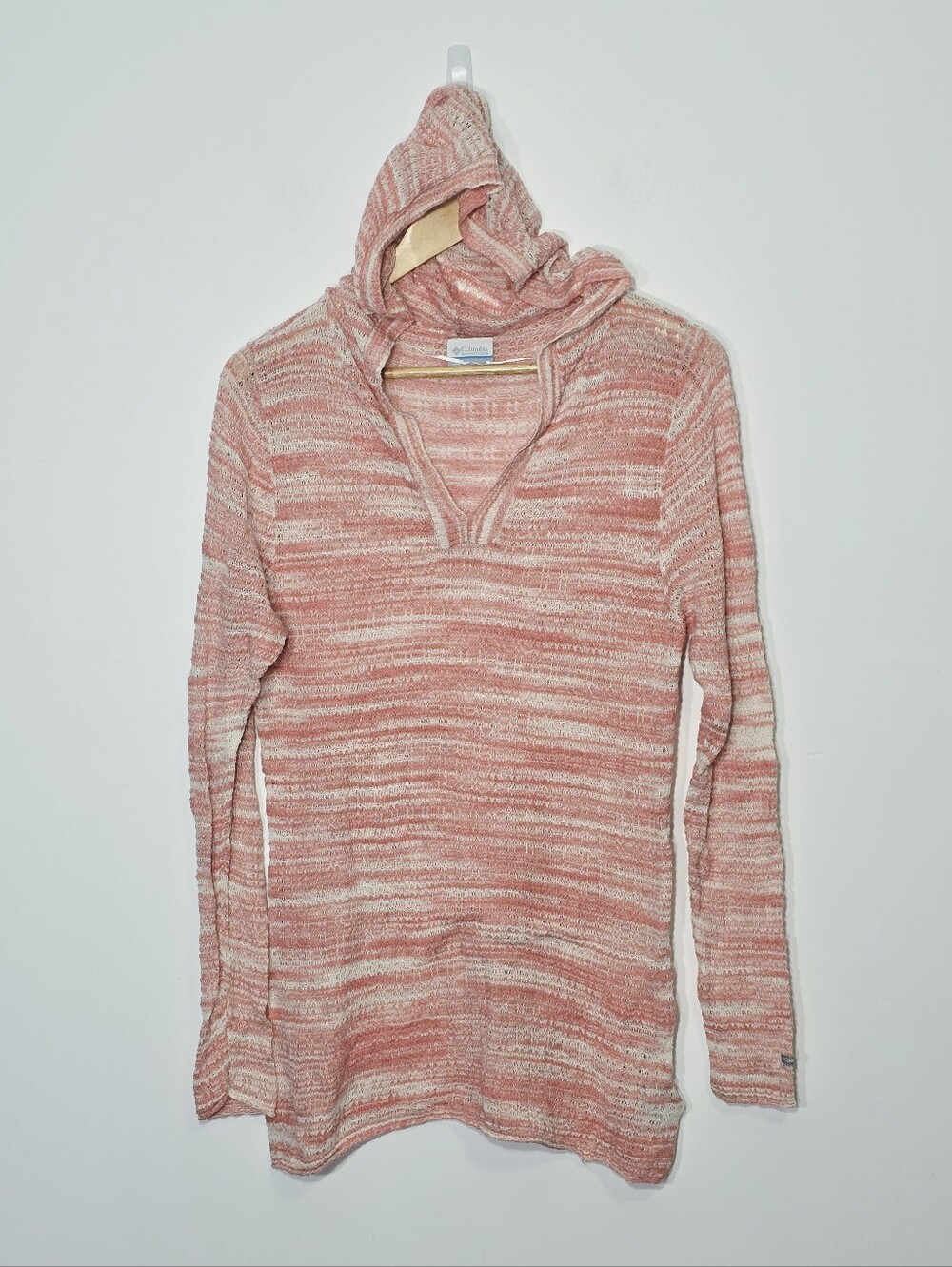 Columbia Pink Coral White Marble Hooded Cotton Blend Lightweight Knitted Sweater